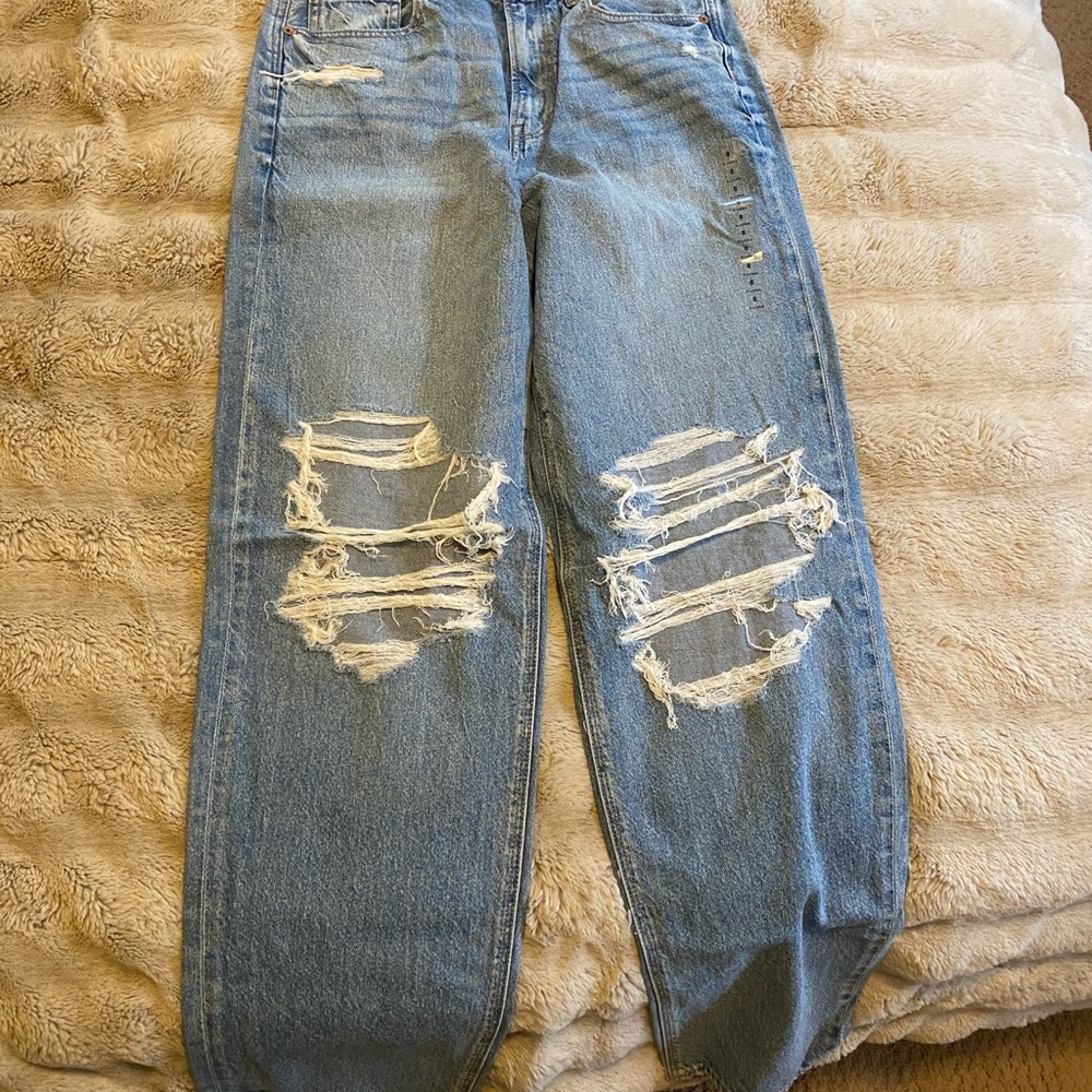 American Eagle Outfitters Super High Rise Baggy Straight Jeans with Distressing